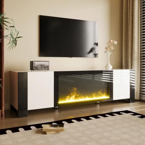 Homgoday Soporte para TV con Chimenea Eléctrica Decorativa, Mueble para TV de 2 Puertas con Estantes, Diseño Moderno Blanco de Alto Brillo con Patas Negras, para Salón y Entretenimiento