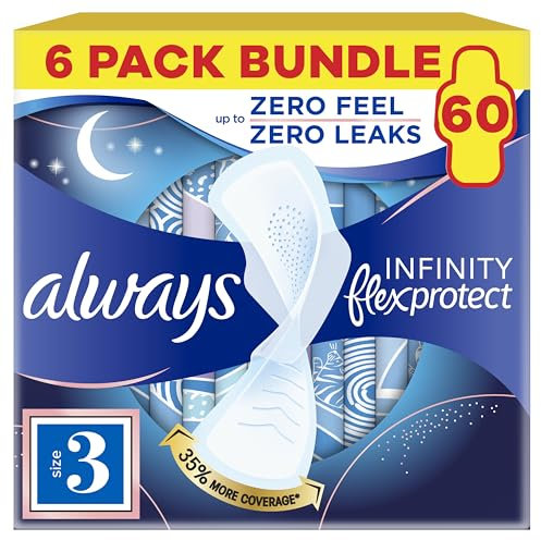 Always Infinity FlexProtect Sanitary Towels, Size 3 Night, 6 Packs of 10 Count, Unscented, for up to Zero Feel & Zero Leaks, Super Absorbent & Flexible Protection