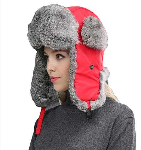 Insun Unisex Fliegermütze Wintermütze Warme Pilotenmütze Kunstfell Fellmütze Ohrenschützer Wintermütze Rot XL 60-62cm