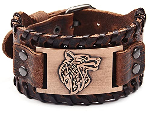 Thajaling Viking Bracelet Marron Loup Fenrir - Nordique Vintage Talisman Gothique pour Cosplay Celtique Païen, Adjustable from 18 to 22.5 cm, Cuir