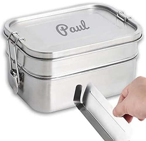 LOOXIS Scatola per il pranzo personalizzata in acciaio inox con incisione del nome o del testo -idea regalo per bambini, compleanno - con scomparti, inclusa separazione, bento box - M Doppio piano