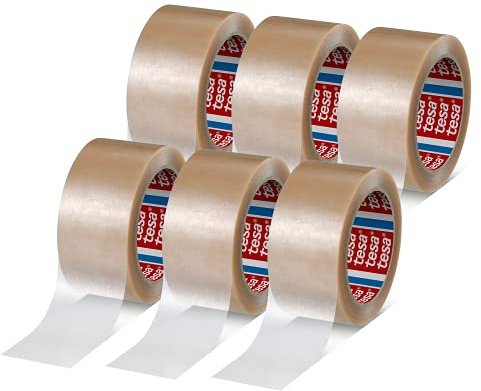 tesa 04124-00015-00 tesapack 4124 PVC Paketband im 6er Pack-Premium Klebeband zum Verpacken von Paketen und Kartons-transparent-6 Rollen je 66 m x 50 mm, 6x 66, 6x 66 m x 50 mm