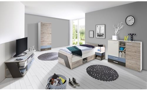 Lomadox Jugendzimmer Kinderzimmer Komplett Set, Sandeiche weiß Lava blau, 90 x 200 cm Jugendbett, Kleiderschrank, Nachttisch, Kommode, TV Lowboard