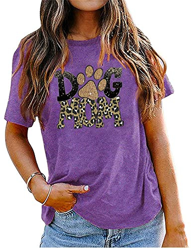 Kvinnor hund mamma t-shirts roliga hund tass blusar toppar sommar rund hals kortärmad mode kläder skjorta, Lila, L