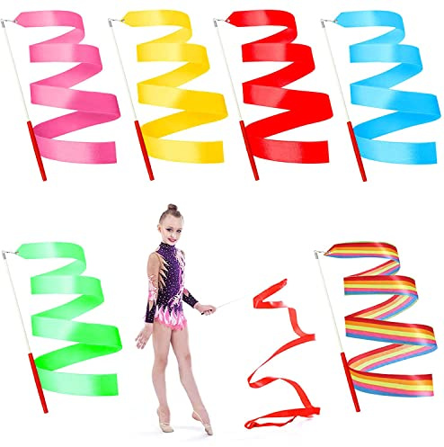 Peutpy 6 Pezzi Nastri di Ballo 2 Meter Danza Nastri,Nastro per Ginnastica Ritmica, Unisex Nastri di Ballo Nastro con Bastoncino Roteante, per Bambini Danza Artistica Ginnastica Ritmica