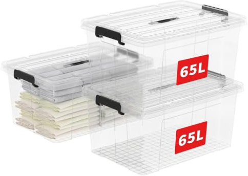 Cetomo 65 L x 3 förvaringslådor, plastförvaringslåda med lock, organiseringsbehållare med handtag och säkra spärrspännen, stapelbar, kapabel, tygkorg för hemmakontorskläder, 65 L-3 pack, klar