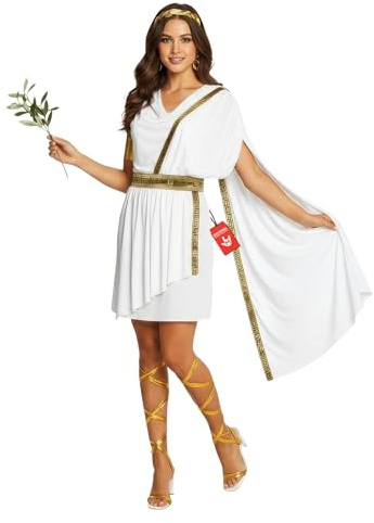 Morph Disfraz Romana Mujer, Disfraz Diosa Halloween Mujer | Toga Blanca de un Hombro, Tocado & Brazalete Dorado, Ribete Dorado, Perfecto para Halloween, Ideal para Disfrazarse