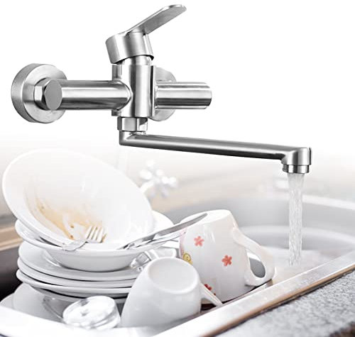Wasserhahn Küche Wandmontage, Edelstahl Wandmontage 360° Drehung Wasserhahn Küchenarmatur Einhandmischer Mischbatterie für Küche, Waschtisch, Spültischarmatur