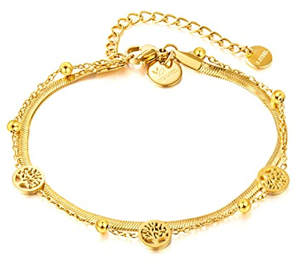 VICKWOOD Lebensbaum Fußkettchen für Damen bis 30cm Edelstahl - Armband Damen Gold 17cm Schwarz/Rosegold/Silver - Fussketten für Frauen Gold - Fußkette Damen