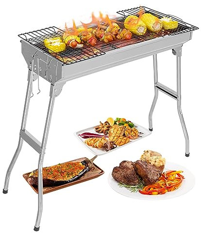Outopee Stainless Steel BBQ Charcoal Grill, 28x 13 x 27 Portable & Foldable Barbecue Grill, Outdoor Patio Garden Heating Smoker for Cooking Camping Hiking Picnic Garden Beach Party