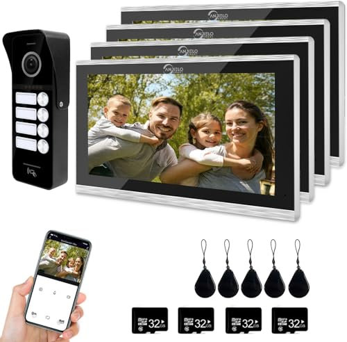 1080P Video-Türsprechanlage (verkabelte Türklingel), 4-Familien-Türklingel, 10-Zoll-Touchscreen-Display, Entriegelungsunterstützung, Zwei-Wege-Sprechanlage