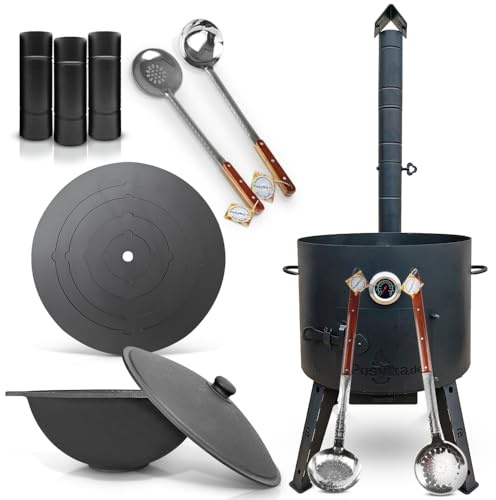 Utschak Uchag Feuerofen Ø 49 cm 2 mm Stahl Herdplatte 4mm Kazan 22 L flacher Boden mit Thermometer Schaumlöffel 64 cm x2,Verlängerungsrohr,Schaumlöffel 48 cm,Schöpfkelle 48 cm (Set F22-2)