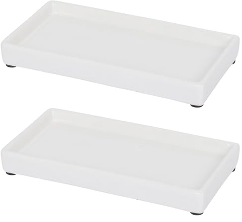 Harbour Housewares Ceramic Soap Dispenser Trays Pack of 2 White - 17cm Gloss Finish Sink Organisers for Bathroom or Kitchen - Countertop Holders for Bottles, Dispensers or Accessories