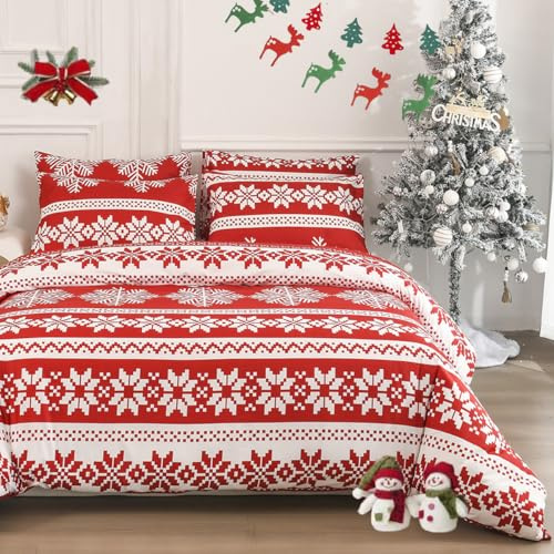 DXHOME Ropa de cama de 135 x 200 cm, 4 piezas, diseño navideño rojo, diseño navideño de invierno, funda nórdica con impresión 3D, microfibra suave, funda nórdica con cremallera y 2 fundas de almohada