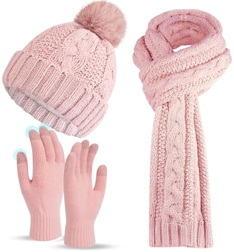 ILovDaisy Mütze, Schal & Handschuh-Sets für Damen Winter, Beanie Gestrickte Wintermütze mit Bommel, Thermo Winterhandschuhe Touchscreen, Warme Kuschelige Schal Winterset Pink