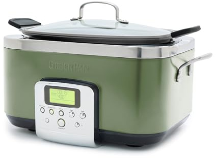 GreenPan Elite 8-in-1 Programmable 6QT Electric Slow Cooker, Dishwasher Safe Lid & Removable Crock, PFAS-Free Healthy Ceramic Nonstick Multi-Cooker, Sear, Sauté, Brown, Steam Basket, Roast, Sage Green