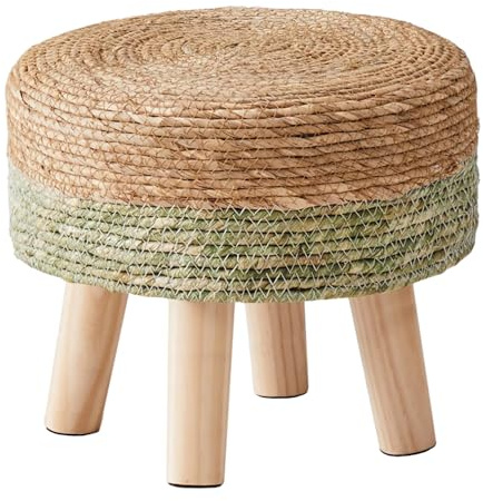 Wimarsbon Round Foot Stool Natural Seagrass Poufs Ottoman Hand Weave Footrest Stool for Couch Desk Extra Seat Step Stool with Solid Wood Legs for Hallway Patio Lounge Green