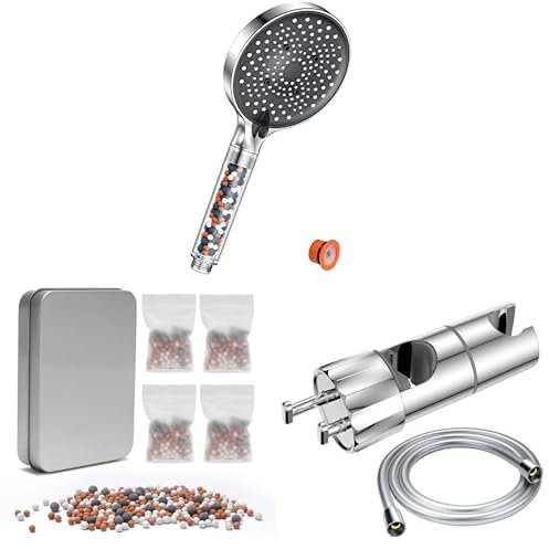 YEAUPE PRO Duschkopf mit Filter, Duschkopf Wassersparend mit 6 Strahlarten, Duschkopf mit Kalkfilter & Mineralperlen Nachfüllset für die Handbrause & Universal Duschkopfhalterung mit Duschschlauch 1,6