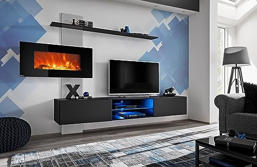 Deconation - Juego de 3 muebles de pared con chimenea eléctrica (250 x 170 x 40 cm), color negro