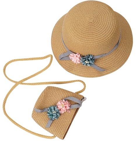 Cappello da Sole per Ragazze Cappello di Paglia da Spiaggia Estivo e Mini Set di Borse con Decorativo Fiori per Vacanze Attività All'aperto Cachi