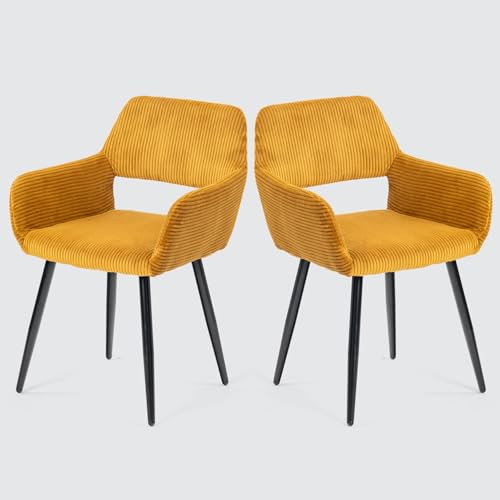 MEUBLE COSY Set med 2 skandinaviska matstolar vadderad med ryggstöd armstöd ribbad sammet fåtölj för kök vardagsrum sovrum kontor, gul