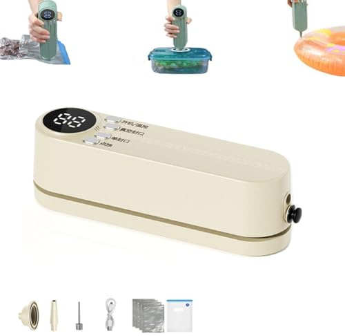 UCK-KIT Sellador De Mini Vacío Inalámbrico, Sellador De Bolsas Recargable De 3 En 1 para Almacenamiento De Alimentos, Sellador De Vacío De Mano para Preservación De Alimentos,Beige