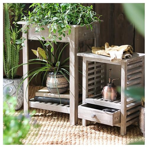 Tavolo da vaso da giardino con cassetto, 2 pezzi, per cortile, patio, balcone, serra