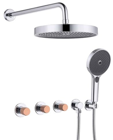 HKTHE Colonne de Douche Encastrée, 3 Poignées Rotatives Innovantes, HSS0534 Moderne Ensemble de Douche, 10inch/275mm Pomme de Douche, Fixation Murale Systèmes de Douche, 59A Laiton, Durable