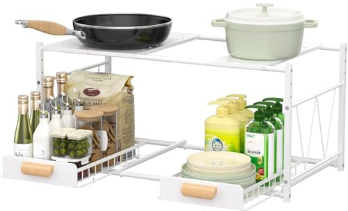 APPASO Under Sink Storage, White 2 Tier Pull Out Under Sink Organiser with Sliding Drawer, Space-Saving Steel Bathroom Kitchen Shelf Organizer for Cupboard Cabinet & Countertop, Extendable (54.5-81cm)