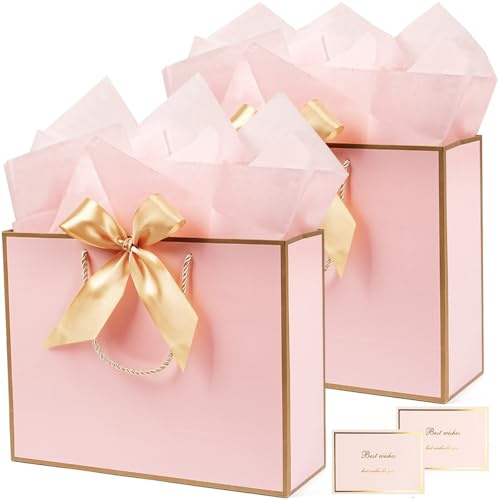 2 Stück Geschenktüten groß, Rosa und Gold Geschenktüte Set mit Seidenpapier und Grußkarte, Papiertüten Mitgebsel mit Schleife, Geschenktaschen Papier für Geburtstag, Party, Hochzeit, 32 x 11 x 25 cm
