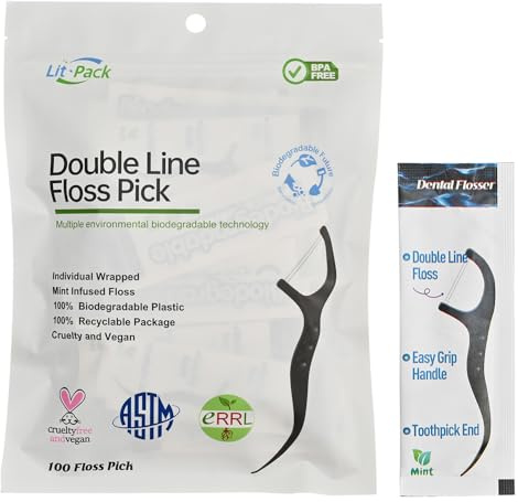 Lit-Pack Double Line Zahnseide-Plektren, minzangereichert, 100 Stück, einzeln verpackt, biologisch abbaubar (1)