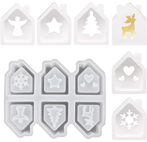 MEJOSER Silikonformen Gießformen 6 Stück Häuser Kerzenformen zum Gießen Kerzenhalter Silikonform Weihnachten Haus Silikon Gießform für Windlichter Teelichter Weihnachtsbaum Engel Herz