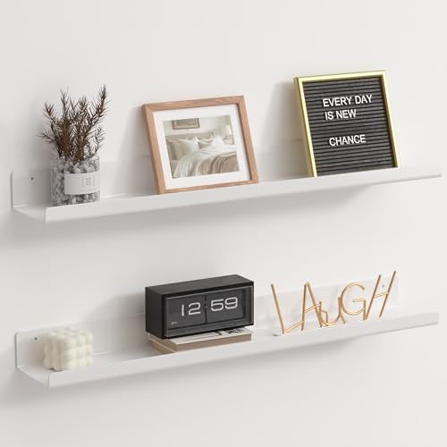 RICHER HOUSE 61cm Wandregal Ohne Bohren, Weiß Acryl Schweberegal, 2er | Doppelte Befestigung (Kleber oder Schrauben), für Kinderzimmer Schlafzimmer Badezimmer Küche Wohnzimmer Lagerung Organisation