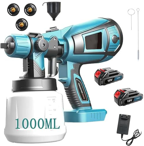 Akku Farbsprühsystem,kompatibel mit Makita 18V Akkus,Kabellos HVLP Sprühpistole Zaun Farbe Sprühmaschine,mit 3 Düsen,3 Spritzmuster,1000ml Farbsprühgerät,für Innen und Außenbereich(2x3000mAh Akku)