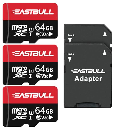 Lot de 3 cartes mémoire Micro SD 64 Go + adaptateur SD + adaptateur SD pour smartphones, ordinateurs de bureau et drones U1 C10 V10 Full HD et 4K UHD + 2 adaptateurs