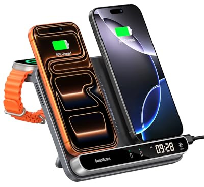 SwanScout Dual Ladestation für iPhone, Induktive Ladestation für 2 Handys | 30W Doppel Wireless Charger für iPhone 17/Air/16/15, für Apple Watch 11/10/Ultra 3/SE 3/AirPods, Ladegerät für 2 iPhone, 710A