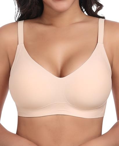 Ganado Bügelloser BHs für Damen, V-Ausschnitt, nahtlos, kabellos, Push-Up-BH, bequem, weiche Unterstützung, gepolsterte BHs für große Brüste, T-Shirt, Bralettes mit extra Verlängerung, nude, L