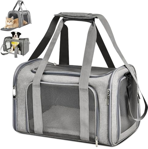 Transportbox Katze, Katzentransportbox Faltbar und Atmungsaktiv, 45x30x30 cm, Katzentransporttasche für Katze & Kleine Hund Bis 7kg, Transportbox für Reisen & Auto (Grau)