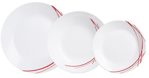 Service complet en verre opale Domitille rouge - 18 pièces - Design élégant - Fabriqué en France - 6 assiettes plates de 25 cm, 6 assiettes creuses de 20 cm et 6 assiettes à dessert de 18 cm - Idéal