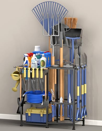 Lovind Garden Tool Organizer, Metal Yard Tool Organizer,Holds 70 Long-Handled Tools/Rakes/Brooms,Side Garden Pocket,Heavy Duty Steel Yard Tool Storage Rack for Garage,Shed, Outdoor(Black-Large)