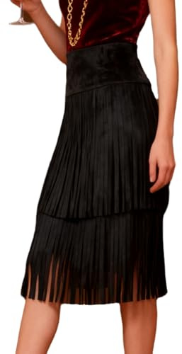 Apocrypha Womens Boho Fringe Faux Suede Trendy Casual Tassel Country Concert Western Cowgirl Skirt Black