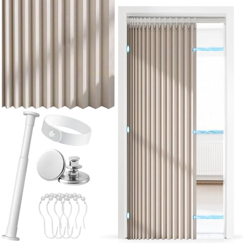 Türvorhang Ohne Bohren, Thermo Türvorhang mit Teleskopstange, Magnetischer Raumteiler für Tür und Zimmer, Geeignet für Thermovorhang, Falttür, Schrankvorhang, Raumteiler und Küchentüren (Weiß)
