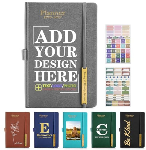ENOMY Personalisiert Kalenderbuch 2026 A5 Tagesplaner mit Einstecktasche – Wochen- & Monatsplaner mit PU-Leder Einband, Stiftschlaufe & Sticker, Terminkalender Geschenkidee Grau Grau