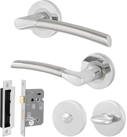 EAI Polished Chrome Door Handles with Bathroom Lock 64mm - Bova | Complete Bathroom Kit with 1 Pair of Round Rose Door Handles, 64mm Lock and Thumb Turn Set, Fixings Included