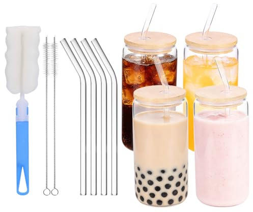 Vexnaro 4 Piezas Vasos de Vidrio con Tapa y Pajita, Vaso Tipo Lata con Tapa de Bambú y Popotes, 500ml Vasos Reutilizables para Café, Cerveza, Cócteles, Batidos con Cepillo de Limpieza