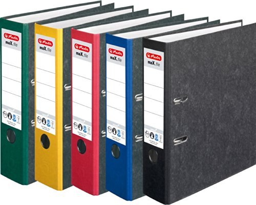 HERLITZ Ordner maX.file nature A4 8cm ge Wolkenmarmorbezug selbstklebendes Rückenschild | 5er Sparpack in diversen Farben zur Auswahl (Sortiert Grundfarben)