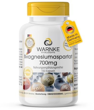 Magnesium-Aspartat 700mg - 150 Kapseln - hochdosiert & vegan - 300mg Magnesium pro Tagesdosis | Warnke Vitalstoffe - Deutsche Apothekenqualität