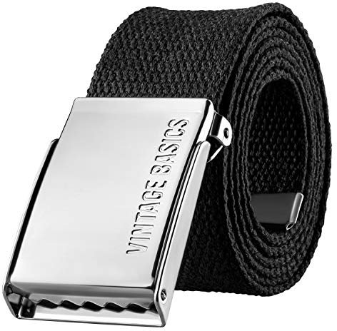VINTAGE BASICS Unisex Stoffgürtel 130cm lang - 3,8cm breit - Herren und Damen Gürtel - Stufenlos verstellbarer Canvas Belt - Metallschnalle Schwarz