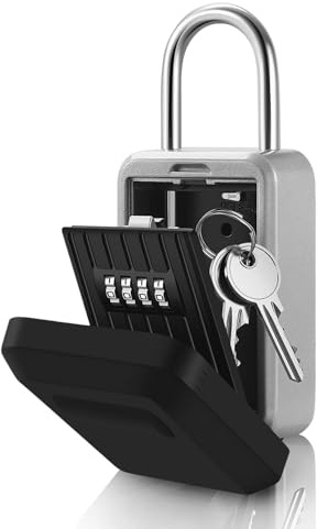 Flexzion Schlüsselschlossbox mit Schlüsselaufbewahrung, Safebox, 4-stelliges Zahlenschloss, abnehmbares, zweifach offenes U-förmiges Schloss, Sicherheits-Aufbewahrungshalter, Code-Tasche für Haus | Schließkasten für Schlüssel außen mit rücksetzbarem Kombinationszugang für Ersatz-, Auto- oder Briefkastenschlüssel