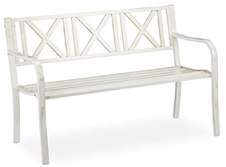 Relaxdays Panchina da Giardino, 2 Posti, da Esterno, Terrazzo Balcone Acciaio Robusto, 80,5 x 127 x 63 cm, Bianco Bronzo